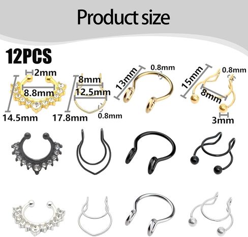 12 Pcs Fake Nose Ring Gold Septum Rings Set, Stainless Steel Fake Piercings Nose Ring Hoop Septum Piercing, for Women Men Non Piercing Noses Black Gold and Silver Noses Rings Accessories in Saudi Arabia