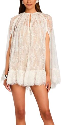 Women See Through Long Sleeve Lace Mini Dress Y2k Crew Neck Sheer Short Dresses Sexy Going Out Cover Up Tops in Saudi Arabia