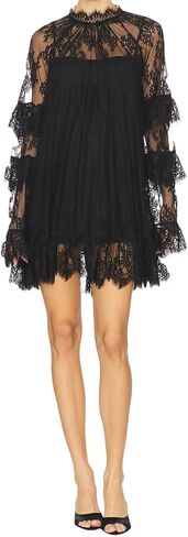 Women See Through Long Sleeve Lace Mini Dress Y2k Crew Neck Sheer Short Dresses Sexy Going Out Cover Up Tops in Saudi Arabia