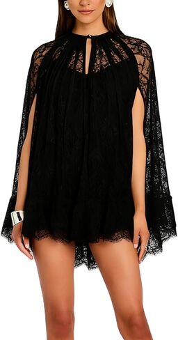 Women See Through Long Sleeve Lace Mini Dress Y2k Crew Neck Sheer Short Dresses Sexy Going Out Cover Up Tops in Saudi Arabia