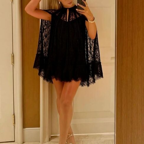 Women See Through Long Sleeve Lace Mini Dress Y2k Crew Neck Sheer Short Dresses Sexy Going Out Cover Up Tops in Saudi Arabia