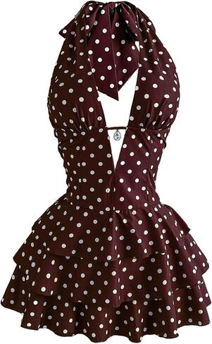 OYOANGLE Women's Polka Dots Halter Mini Dress Deep V Neck Tie Backless Ruffled Layered Party Dresses in Saudi Arabia