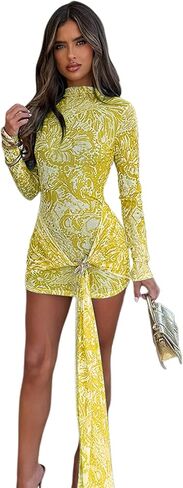Suillty Women's Elegant Starfish Ribbon Printed Mesh Mini Dress Long Sleeve Short Dresses Bodycon for Beach Party Club in Kuwait