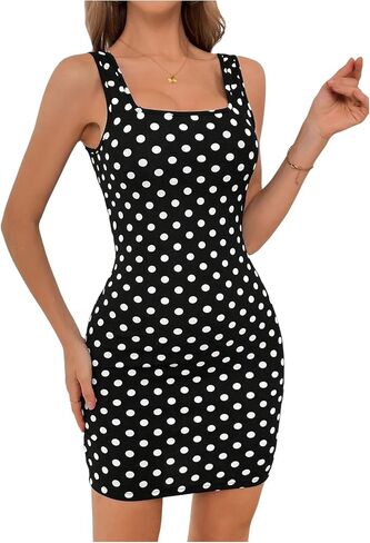SOLY HUX Women's Polka Dots Square Neck Dress Sleeveless Bodycon Mini Vintage Tank Dresses in Saudi Arabia