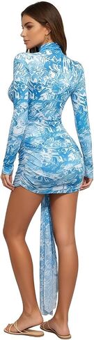 Suillty Women's Elegant Starfish Ribbon Printed Mesh Mini Dress Long Sleeve Short Dresses Bodycon for Beach Party Club in Kuwait