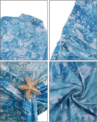 Suillty Women's Elegant Starfish Ribbon Printed Mesh Mini Dress Long Sleeve Short Dresses Bodycon for Beach Party Club in Kuwait