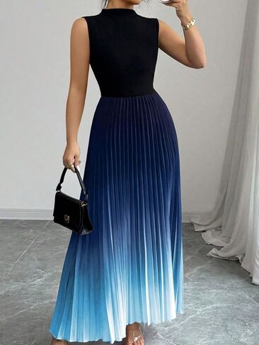 Women's Plus Size Maxi Dress Ombre Mock Neck Sleeveless Pleated A Line Flowy Long Dresses in Kuwait