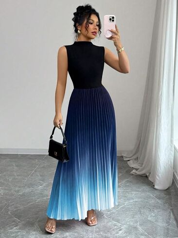 Women's Plus Size Maxi Dress Ombre Mock Neck Sleeveless Pleated A Line Flowy Long Dresses in Kuwait