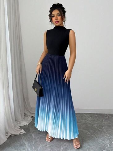 Women's Plus Size Maxi Dress Ombre Mock Neck Sleeveless Pleated A Line Flowy Long Dresses in Kuwait