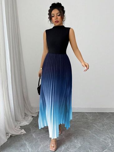 Women's Plus Size Maxi Dress Ombre Mock Neck Sleeveless Pleated A Line Flowy Long Dresses in Kuwait