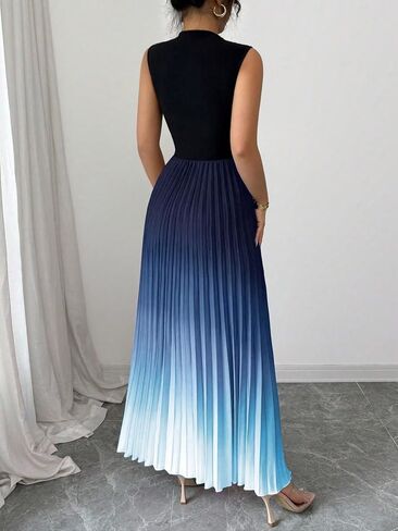 Women's Plus Size Maxi Dress Ombre Mock Neck Sleeveless Pleated A Line Flowy Long Dresses in Kuwait