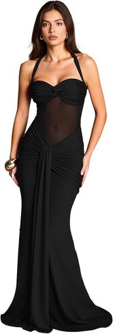 Womens Halter Sweetheart Neck Backless Mermaid Maxi Dress Mesh Waist Ruched Bodycon Dress in Saudi Arabia