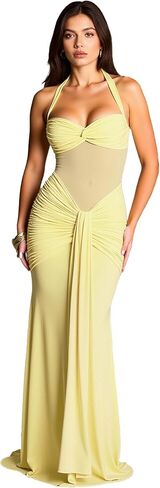 Womens Halter Sweetheart Neck Backless Mermaid Maxi Dress Mesh Waist Ruched Bodycon Dress in Saudi Arabia