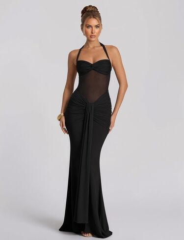 Womens Halter Sweetheart Neck Backless Mermaid Maxi Dress Mesh Waist Ruched Bodycon Dress in Saudi Arabia