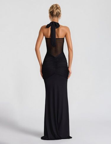 Womens Halter Sweetheart Neck Backless Mermaid Maxi Dress Mesh Waist Ruched Bodycon Dress in Saudi Arabia
