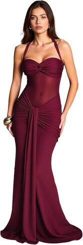 Womens Halter Sweetheart Neck Backless Mermaid Maxi Dress Mesh Waist Ruched Bodycon Dress in Saudi Arabia