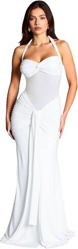 Womens Halter Sweetheart Neck Backless Mermaid Maxi Dress Mesh Waist Ruched Bodycon Dress in Saudi Arabia