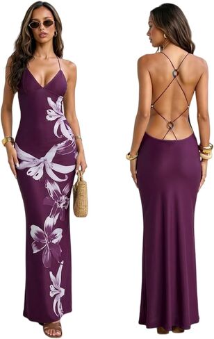 Coquette Floral Backless Maxi Dress, Sexy Deep V Neck Bodycon Long Slip Dress, Criss Cross Strappy Boho Vacation Party in Saudi Arabia