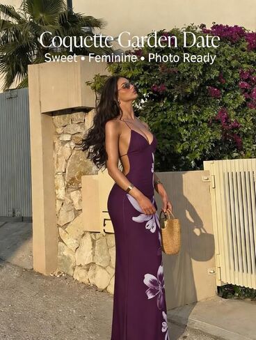 Coquette Floral Backless Maxi Dress, Sexy Deep V Neck Bodycon Long Slip Dress, Criss Cross Strappy Boho Vacation Party in Saudi Arabia