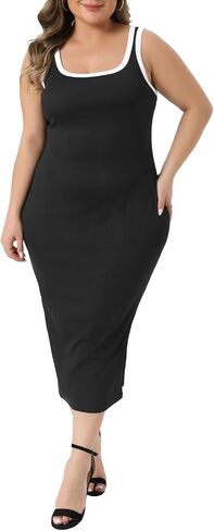 Agnes Orinda Plus Size Dress for Women Square Neck Sleeveless Contrast Summer Bodycon Side Slit Knit Tank Dresses in Saudi Arabia