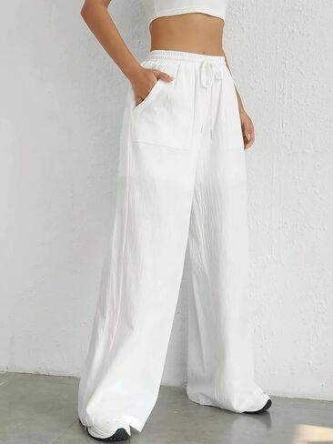 Plus Size Women's White Wide Leg Pants with Pockets High Waist Drawstring Casual Trousers Lightweight Loose Pants for Summer in Kuwait