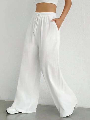 Plus Size Women's White Wide Leg Pants with Pockets High Waist Drawstring Casual Trousers Lightweight Loose Pants for Summer in Kuwait