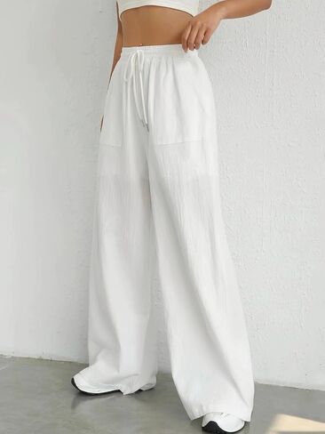 Plus Size Women's White Wide Leg Pants with Pockets High Waist Drawstring Casual Trousers Lightweight Loose Pants for Summer in Kuwait