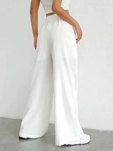 Plus Size Women's White Wide Leg Pants with Pockets High Waist Drawstring Casual Trousers Lightweight Loose Pants for Summer in Kuwait
