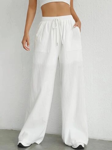 Plus Size Women's White Wide Leg Pants with Pockets High Waist Drawstring Casual Trousers Lightweight Loose Pants for Summer in Kuwait