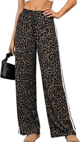 Women’s Leopard Print Pants High Waisted Cheetah for Women Wide Leg Stretchy Pants Fall Fashion Casual Trousers in Saudi Arabia