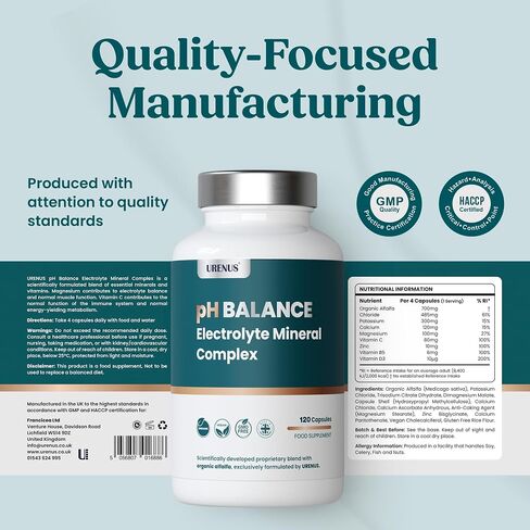 Urenus pH Balance Electrolyte Mineral Complex with Organic Alfalfa – Magnesium, Potassium, Calcium, Zinc, Vitamin C & Vitamin D3 – Electrolyte & Mineral Supplement – 120 Capsules in Saudi Arabia
