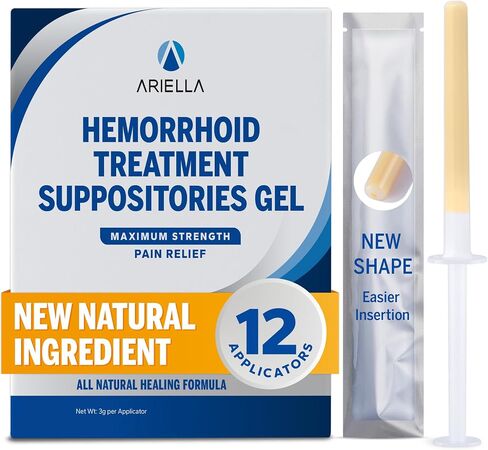 Ariella Hemorrhoid Treatment Suppository Gel: Natural & Herbal - Relieve Itching Burning Discomfort - Internal Relief - New Rounded Applicator - Nighttime Use (Pack of 12) in Saudi Arabia