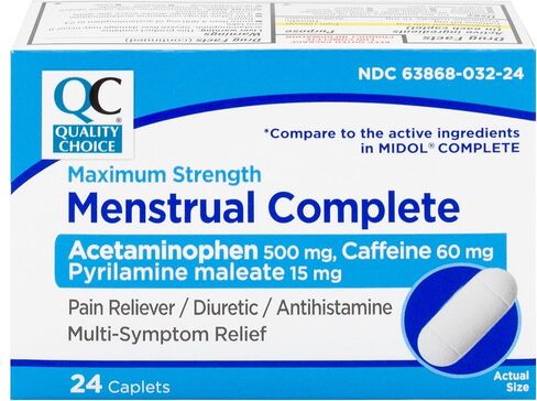 Quality Choice Menstrual Complete Max Strength لتخفيف الآلام، 500 مجم من الأسيتامينوفين، 60 مجم من الكافيين، 15 مجم من بيريلامين ماليات، التشنجات، الانتفاخ، الصداع. 24 عدد. in Kuwait