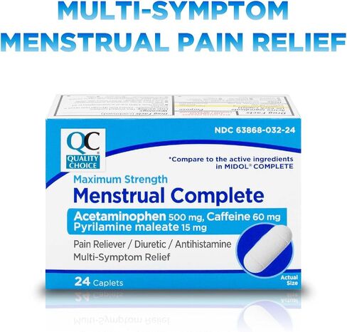 Quality Choice Menstrual Complete Max Strength لتخفيف الآلام، 500 مجم من الأسيتامينوفين، 60 مجم من الكافيين، 15 مجم من بيريلامين ماليات، التشنجات، الانتفاخ، الصداع. 24 عدد. in Kuwait