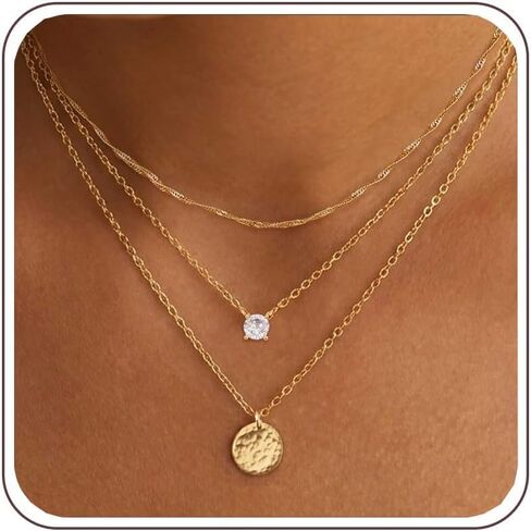 Layered Necklaces for Women Trendy - Dainty Gold Necklace Stack 14K Gold Plated Pearl Bar Disc Pendant Necklace Set Simple Layering Gold Necklaces for Women Fashion Jewelry for Women Gifts in Saudi Arabia