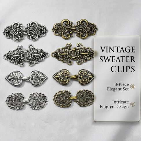 8-Pack Vintage Sweater Clips for Women Decorative Metal Shawl Fastener Retro Cardigan Collar Brooch Loose Dress Back Cinch Antique Shirt Tightener Accessories Set in Saudi Arabia