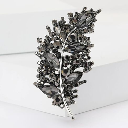 Leaf Brooch Sparkling Feather Brooch Black Crystal Rhinestone Pins for Women Elegant Jewelry Pins for Women Dress Accessories in Saudi Arabia