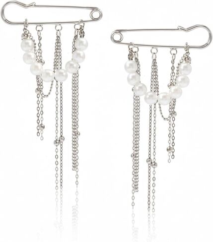 White Pearls Silver Tassel Chain Brooch Y2K Punk Gothic Aesthetic Tassels Hanging Brooch Pins Metal Chains Pearl Pendant Brooches And Pins For Women Man Suit Full Dress Clothing Jewelry Accessories in Saudi Arabia