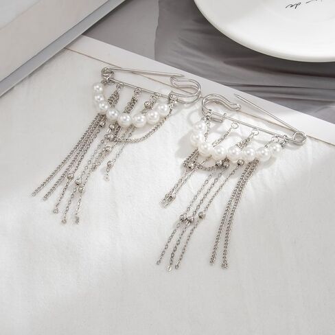 White Pearls Silver Tassel Chain Brooch Y2K Punk Gothic Aesthetic Tassels Hanging Brooch Pins Metal Chains Pearl Pendant Brooches And Pins For Women Man Suit Full Dress Clothing Jewelry Accessories in Saudi Arabia