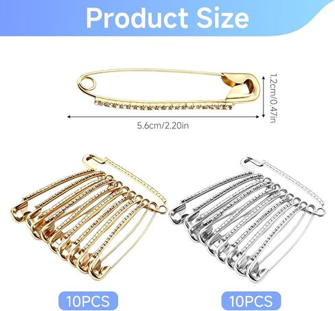20-Piece Safety Pins for Clothes, Decorative Large Safety Pin Brooch Set with Rhinestone, Fashion for Sweaters Scarves Shawls and Jackets, Elegant Brooch Gold and Silver in Saudi Arabia
