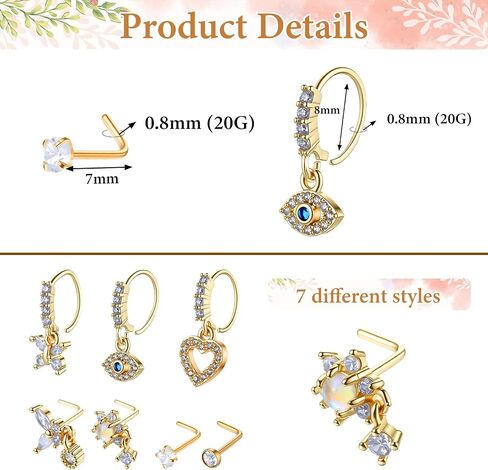 7 Pcs 20g Dangle Nose Rings for Women, Nostril Piercing Jewelry in Saudi Arabia