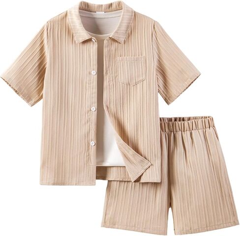 Boys 2 Piece Summer Outfits Textured Button Down Short Sleeve Shirt and Elastic Waisted Shorts Sets 3-14Y in Kuwait