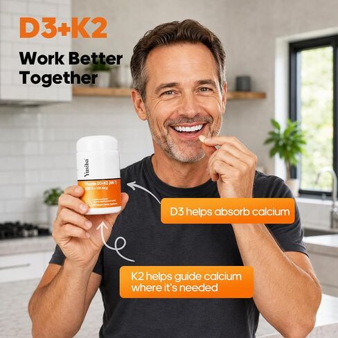 فيتامين D3 K2، فيتامين D3 5000 وحدة دولية وفيتامين K2 All-Trans MK7 100 ميكروجرام، 2 في 1 K2 D3 مكمل فيتامين لصحة العظام ودعم المناعة وامتصاص الكالسيوم، 90 كبسولة هلامية in Kuwait