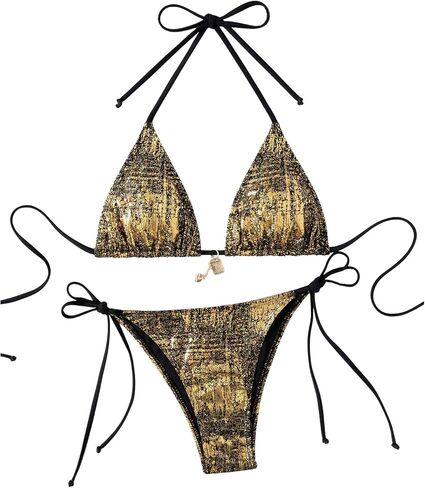 WDIRARA Women's Metallic 2 Piece Swimsuit Halter Triangle Thong Bikini Sets Tie Side Bathing Suits in Kuwait