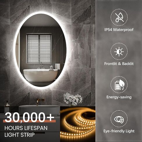 28''x20'' Oval LED Bathroom Mirror with Lights, Anti-Fog, 3 Colors Dimmable, Lighted Mirrors for Bathroom Wall with Memory Function, Backlit + Front Lit, Waterproof, Shatter-Proof in Saudi Arabia