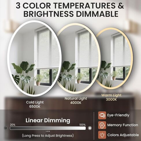 28''x20'' Oval LED Bathroom Mirror with Lights, Anti-Fog, 3 Colors Dimmable, Lighted Mirrors for Bathroom Wall with Memory Function, Backlit + Front Lit, Waterproof, Shatter-Proof in Saudi Arabia