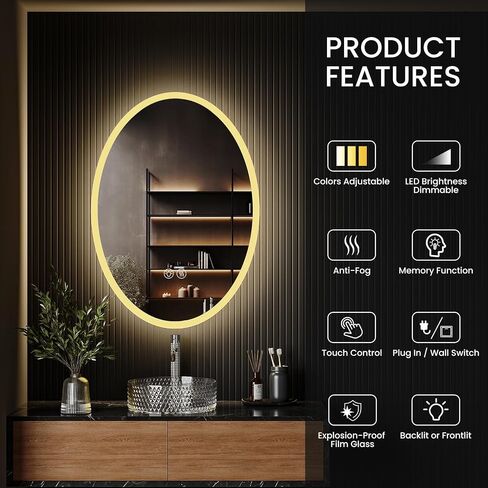 28''x20'' Oval LED Bathroom Mirror with Lights, Anti-Fog, 3 Colors Dimmable, Lighted Mirrors for Bathroom Wall with Memory Function, Backlit + Front Lit, Waterproof, Shatter-Proof in Saudi Arabia