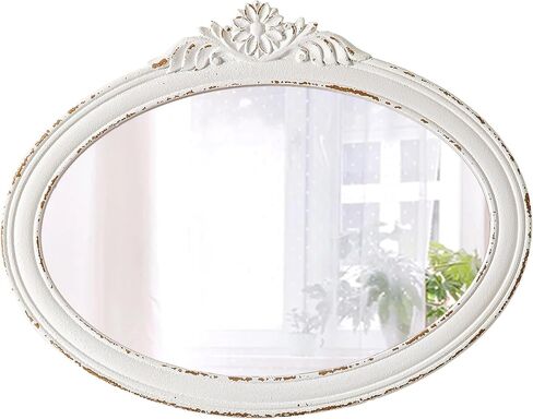 Rustic Oval Mirrors for Wall 18 X 24 Inch, Hanging Distressed White Oval Mirror Bathroom, Wooden Framed Farmhouse Mirrors for Wall Decor, Vintage Mirror with Carved Flower for Entryway in Saudi Arabia