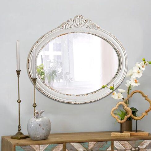 Rustic Oval Mirrors for Wall 18 X 24 Inch, Hanging Distressed White Oval Mirror Bathroom, Wooden Framed Farmhouse Mirrors for Wall Decor, Vintage Mirror with Carved Flower for Entryway in Saudi Arabia