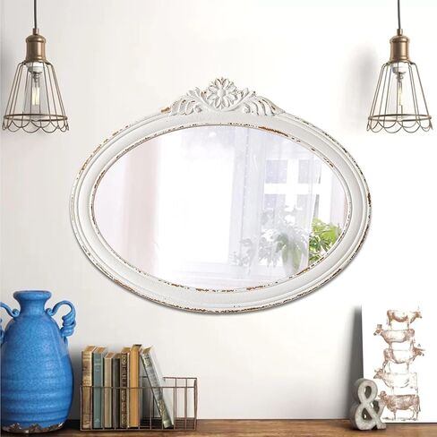 Rustic Oval Mirrors for Wall 18 X 24 Inch, Hanging Distressed White Oval Mirror Bathroom, Wooden Framed Farmhouse Mirrors for Wall Decor, Vintage Mirror with Carved Flower for Entryway in Saudi Arabia